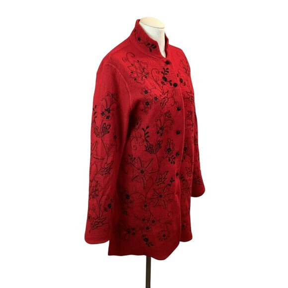 Carole Little Red Wool Floral Embroidered Coat Womens Large Jacket - Picture 5 of 8